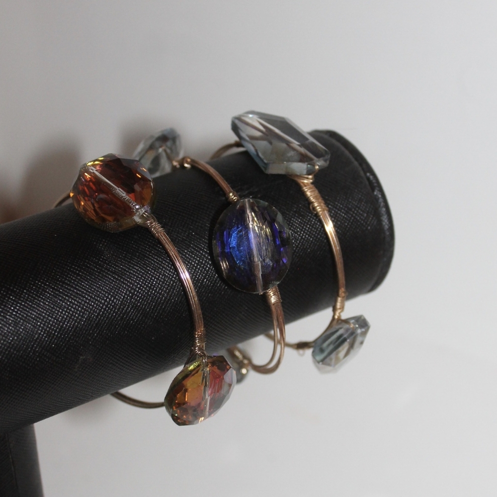 Elegant Gold Wire Multicolor Iridescent Jewels Bangle Bracelets Trio